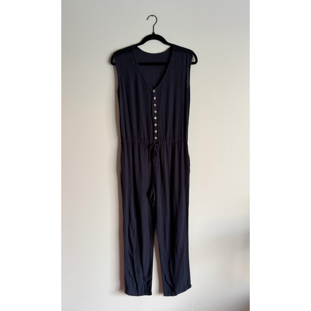 Los Banditos Black Sleeveless Button Front Pocket Tie Waist Jumpsuit - Medium